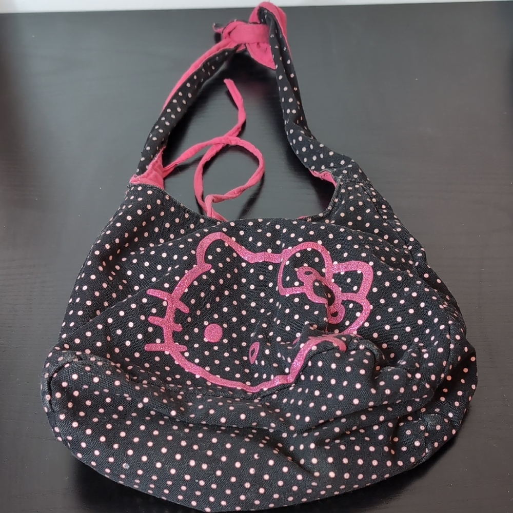 Vintage 2004 Hello Kitty Black and Pink Polka Dot Women's Bag Hobo Sanrio